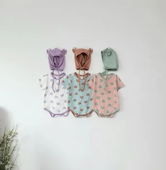 

3550 Summer New Baby Kids Short Sleeve Bear Printed romper Boys and Girls Overalls Children's Bodysuit With Hat KIds Outfits