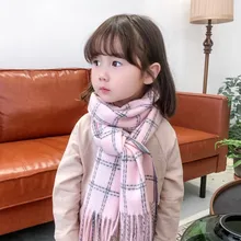 Осенне-зимний детский клетчатый шарф унисекс, теплый кашемировый вязаный мягкий шарф в клетку в стиле ретро для мальчиков и девочек