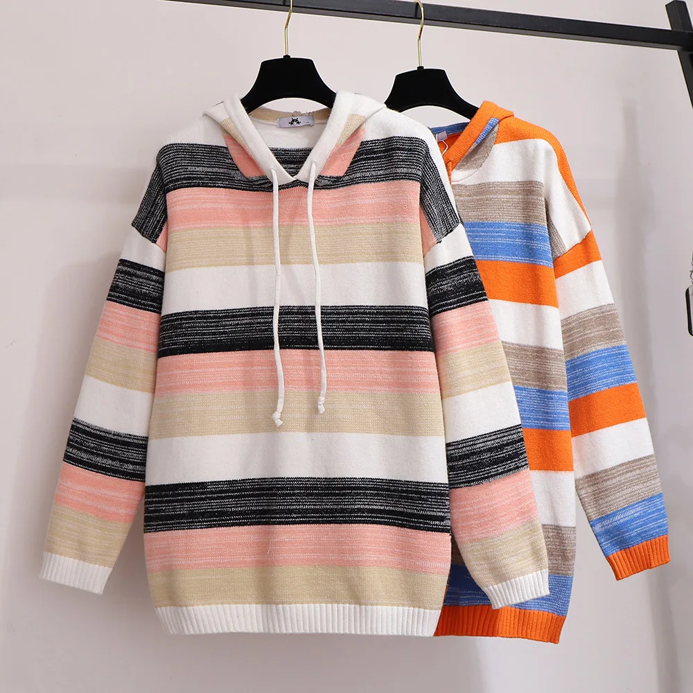 

200 Large Size Dress Fat Mm2019 Autumn Loose-Fit Slimming Hooded Sweater Pullover Rainbow Stripes Sweater