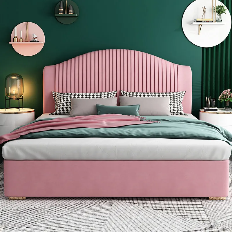 

Light Luxury Bed Master Bedroom Double Fabric Soft Bed Net Red Simple Pink and Green Storage High Box Princess Wedding Bed