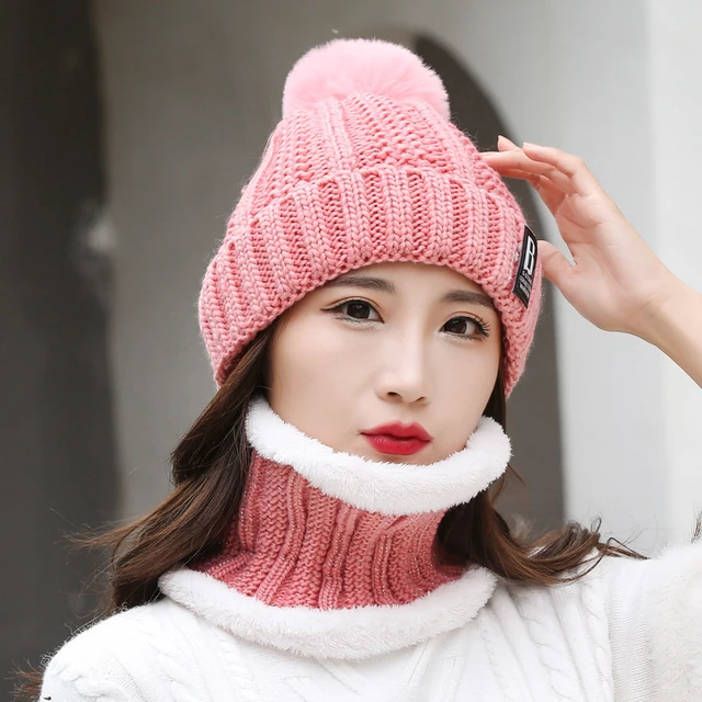 Bonnet Tricoté Femme Chapeau Écharpe de Ski Hiver Rose