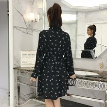 Photo Shoot Large Size Dress Autumn And Obesity Size Printed Mid-length Loose-Fit Chiffon Thousands of Birds Dress