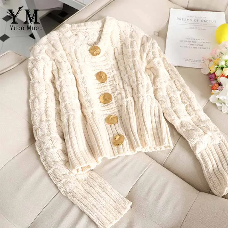 5 Buttons Beige YuooMuoo шикарный женский кардиган до талии свитер осень трикотаж короткий кардиган девушка длинный рукав твист крючком Топ Pull Femme - Цвет: 5 Buttons Beige