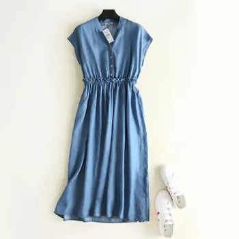 

Women Spring Summer Tencel Denim Dress Ladies Solid Color High Waist Dress Female Casual 2020 Dresses
