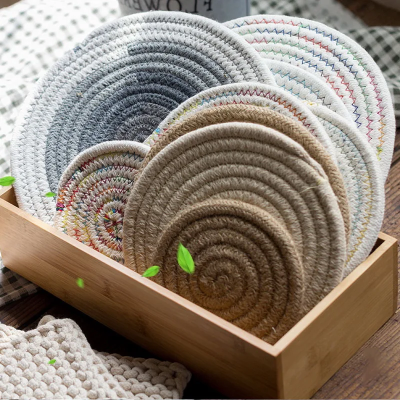 Nordic Style Cotton Linen Knitting Coasters Round Placemats Hand made