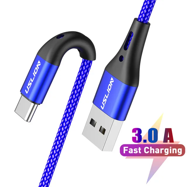 USLION 3A 3m USB Type C Cable For Xiaomi Redmi Note 10 Fast Phone Charging Wire USB C Cable For Huawei P40 Mate 30Type C Charger Blue
