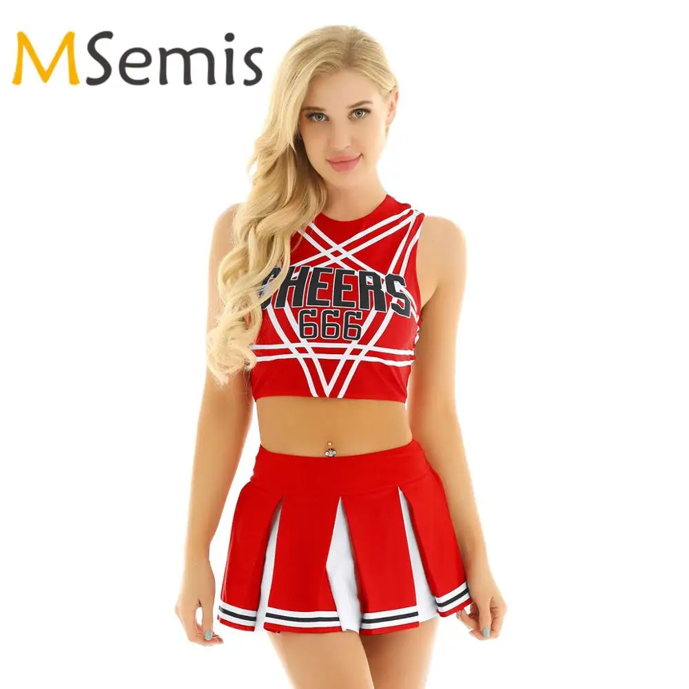 Womens Cheerleader Cosplay Costume Set Pentagram Back Crop Top with Mini Pleated Skirt Charming School Girl Cheerleading Uniform