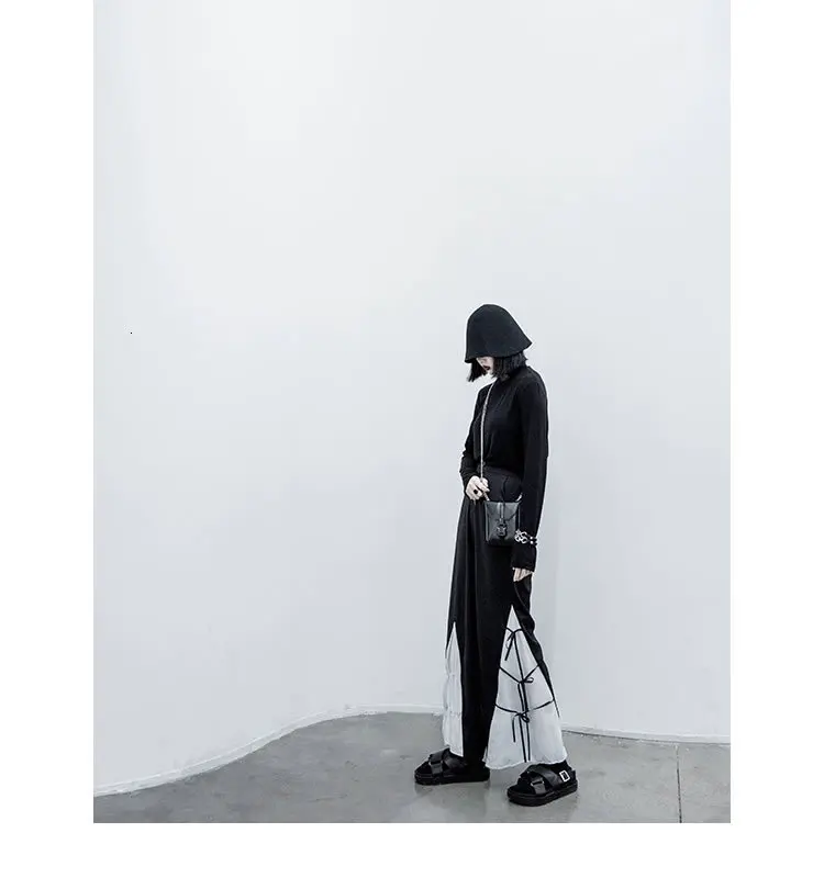 TVVOVVIN шифон, высокая талия брюки женские Нерегулярные Drawstring элегантные Лоскутные черные плиссированные маленькие свежие 2019 осенние брюки