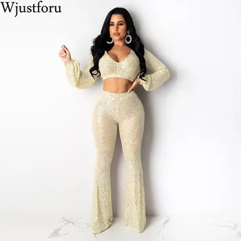 

Wjustforu Sexy Sequin Club Two Piece Set Women Pullover Short Tops + Skinny Wide Leg Pants Female Long Sleeve Elegant 2 Piece Se