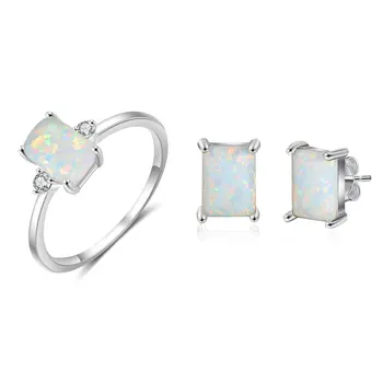 

925 Sterling Silver Opal Stone Rings Stud Earrings Jewelry Sets for Women Simple Minimalist Silver 925 Rings Jewelry Sets Gifts