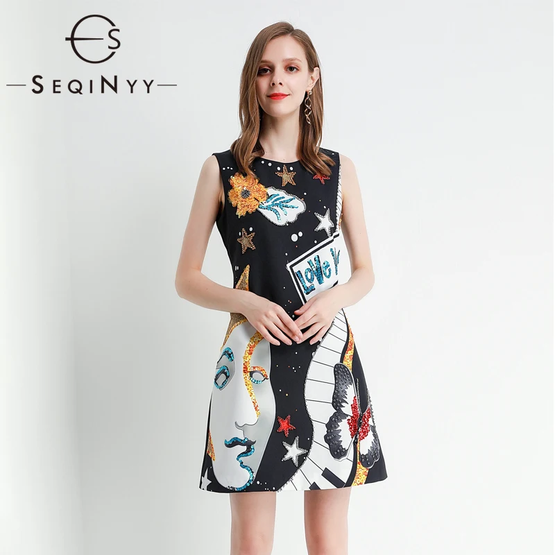 

SEQINYY Black Vest Dress 2020 Summer Spring New Fashion Design Women Crystal Luxury Cartoon Printed Mini Dress