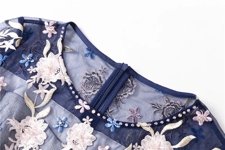 Женская одежда элегантное платье Новое вышитое Сетчатое Бисероплетение Vestidos О-образным вырезом с высокой талией, из лоскутов тонкое женское цельное платье