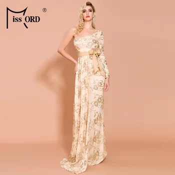 

Missord 2020 Autumn and Winter Irregular Neck One Sleeve Women Maxi Dresses Elegant Glitter Lace up Women Party Dresses FT19655