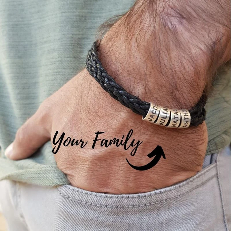

Engrave Family Name Stainless Steel Bead Charms Personalized Bracelet Genuine Leather Braided Rope Magnet Clasp Custom Bangle