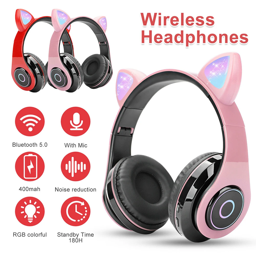 Bluetooth 5 0 Wireless Wired LED Cat Ear Headset Noise Cancelling Headphones w Mic Headphone Support TF Card For Kids Girls