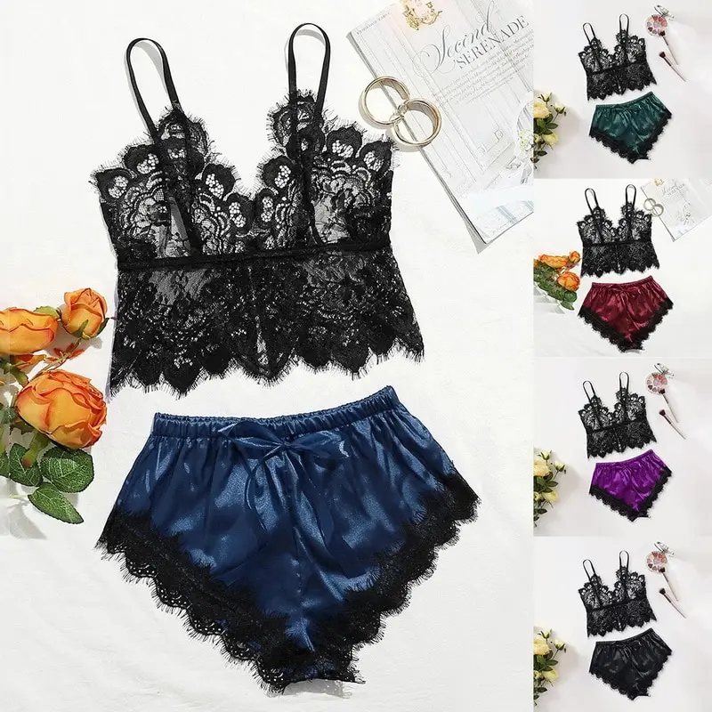 Women Sexy Bra Set Ladies Sexy Lace Comfortable Polyester Sleepwear Underwear Tops Briefs Sets Lenceria Biquini