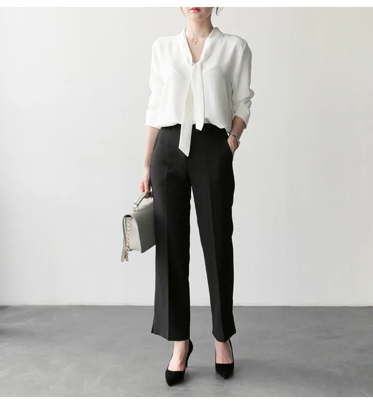  2019 Spring New Style Fashion Elegant Simple V-neck White Shirt Long Sleeve Loose-Fit Bow Chiffon B