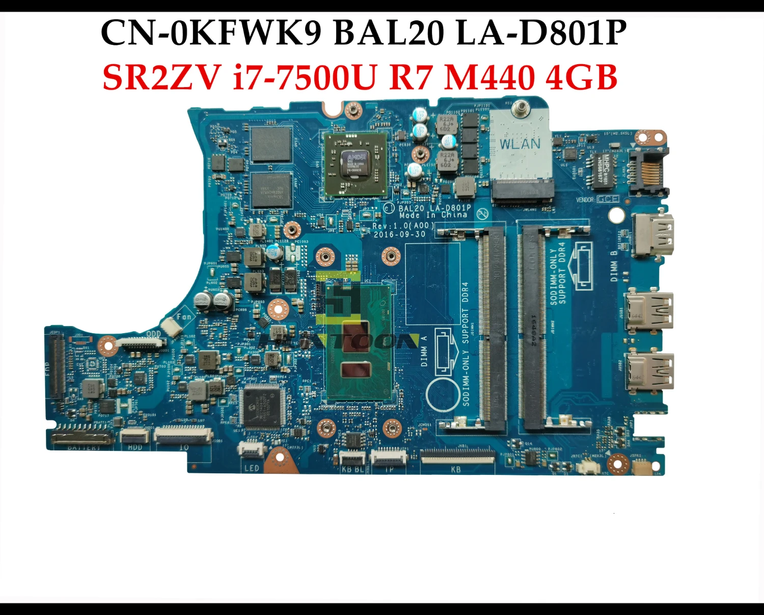 Высокое качество BAL20 LA-D801P для Dell 5567 5767 Материнская плата ноутбука CN-0KFWK9 SR2ZV I7-7500U R7 M440 4 Гб DDR4 тестирование