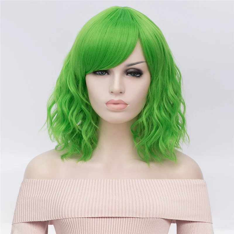 MSI Wigs, Короткие парики для косплея, фиолетовый, для женщин, кудрявый, красный, синий, парик с боковой челкой, зеленый, розовый, синтетический парик, жаростойкий