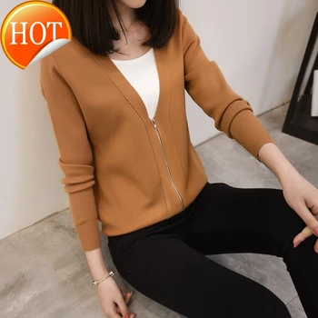 

Autumn New Spring Korean Women's V Neck Zipper Sweaters Knitted Cardigans Female Long Sleeve Cardigan Sweater Femme Tricot