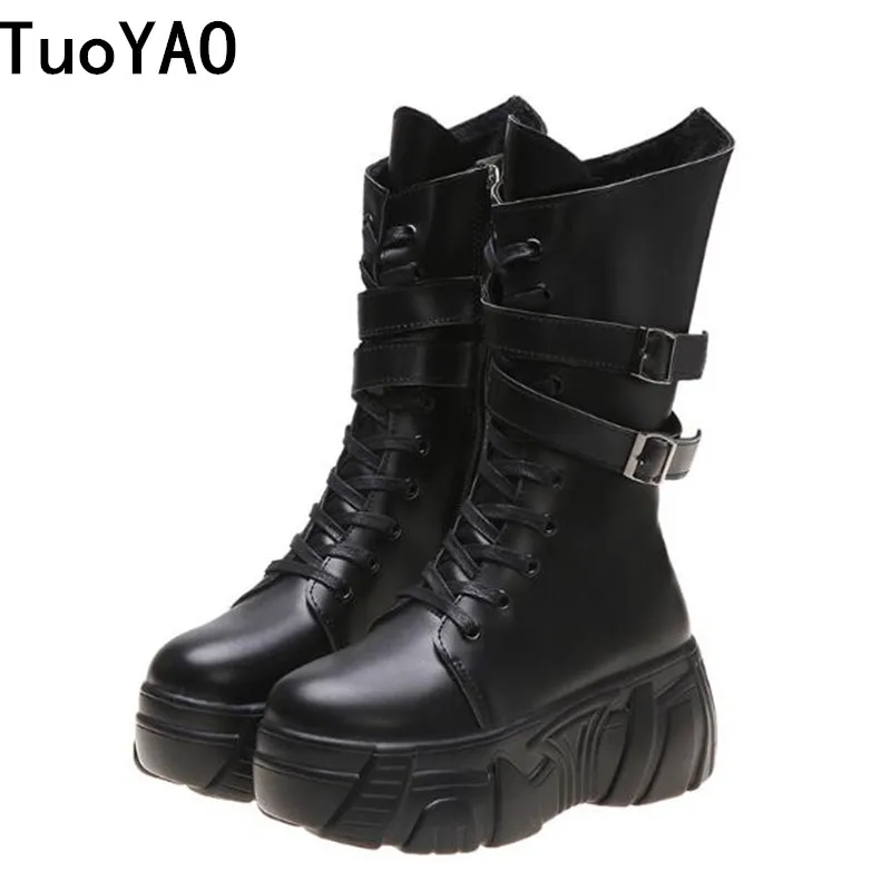 

New 2020 Winter Black Leather Chunky Platform Boots Women Fashion Cross Strap Wedges Shoes Woman Buckle Waterproof Mid Calf Boot