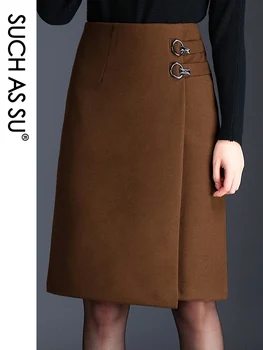 

Splice Asymmetrical Skirt Women 2020 New Fall Winter Brown Black Woolen High Waist Irregular Skirt S-3XL Size Office Lady Skirt