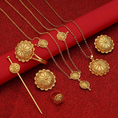 Яркие Золотые Серебряные Ювелирные наборы в эфиопском эритрейском стиле с аксессуарами для волос Африканский Свадебный - Окраска металла: Золотой цвет