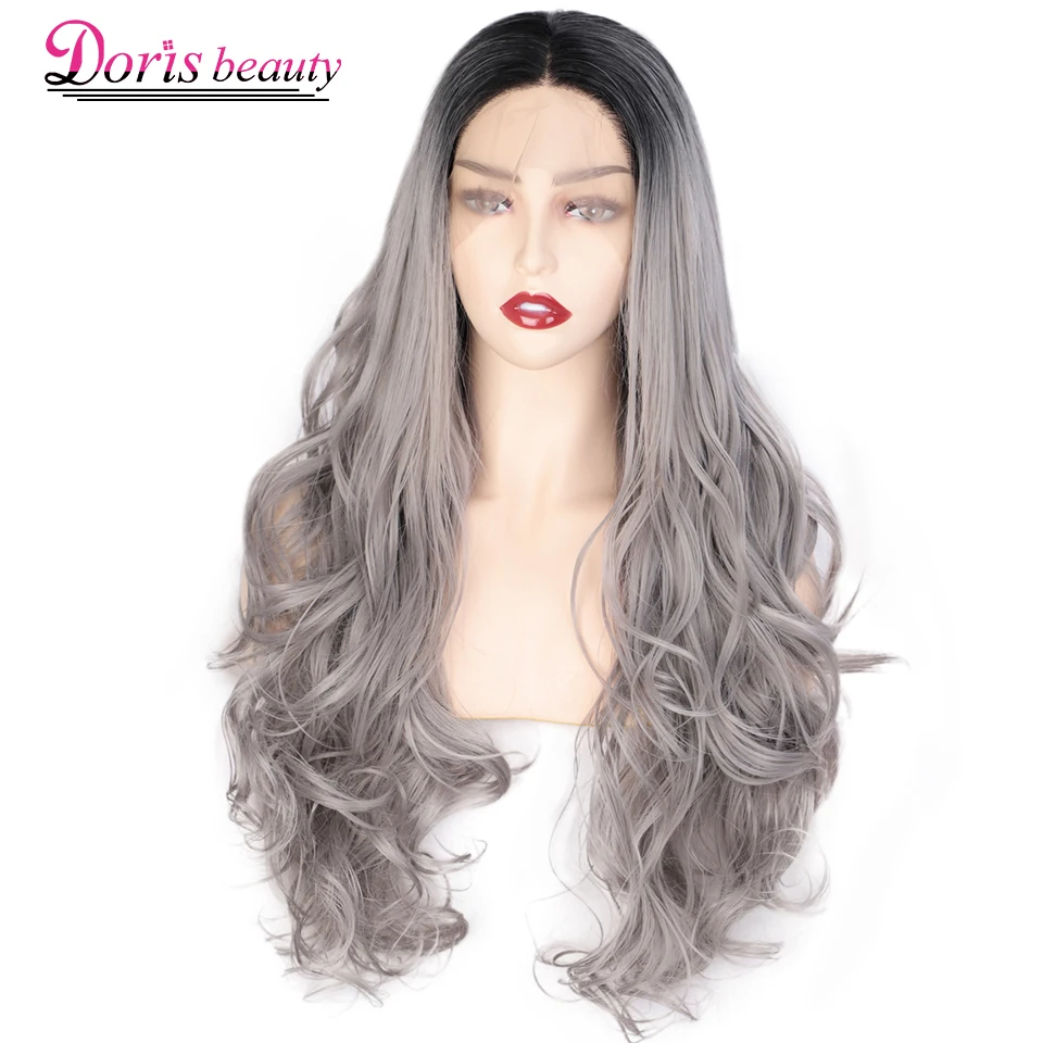 Doris beauty 13x4 Ombre серый синтетический парик на кружеве для женщин длинный волнистый парик на шнурке фиолетовый/коричневый Косплей парики Часть натуральный