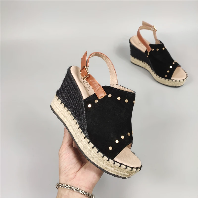 

Multicolored Sandals Straw Shoes Women High Heels Clogs Wedge Nubuck Handmade Studded Real For Fashion On With Comfort Block