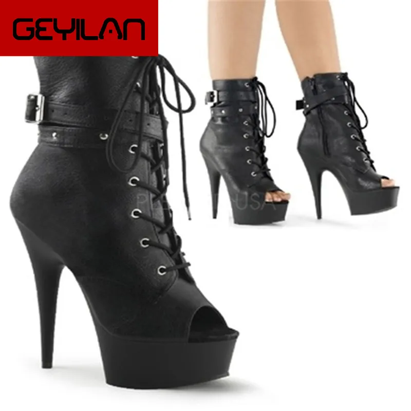 

matte black Star sexy low boots with baking varnish, 15 cm high heels, buckle to decorate the stage show boots