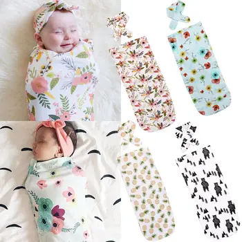 

65x29 cmNewborn Baby Cotton Floral Swaddling Swaddle Wrap Infant Kids Receiving Blanket Sleeping Bag with Headband