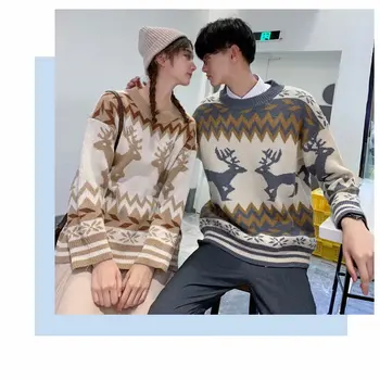 

Men's and women's clothes, lovers, popular long-sleeved round neck sweaters, autumn Japanese retro Christmas deer lazy wind