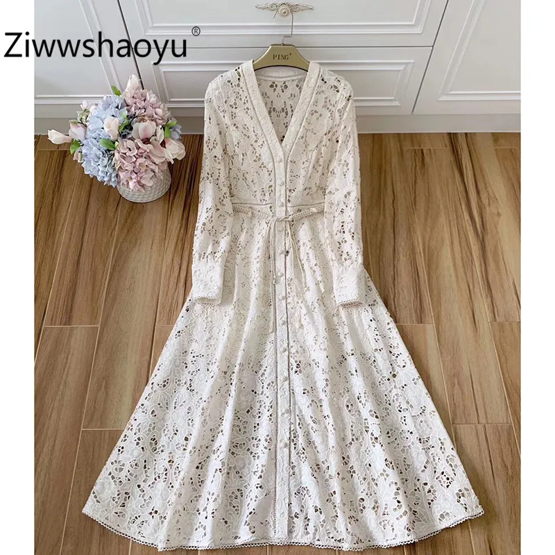 

Ziwwshaoyu Designer Brand Summer Elegant Hollow Out Embroidery Lantern Sleeve V-Neck Sexy Party Maxi Dresses Women's Clothing