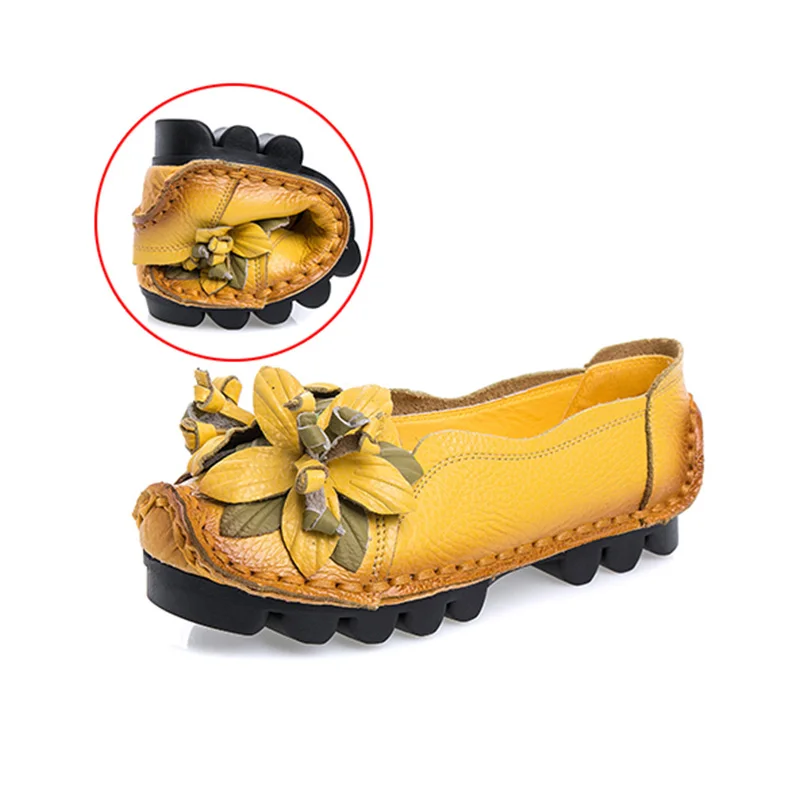 Size 35-42 Genuine Leather Summer Flats Women Soft Slip-On Flat Shoes Black Red Floral Mom Loafers Moccasin Lady Designer Shoes 