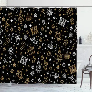 

Shower Curtain Set with Hooks 60x72 Inches Yellow Black Year Christmas Pattern Holidays Merry Angel Drawn Bell Celebration