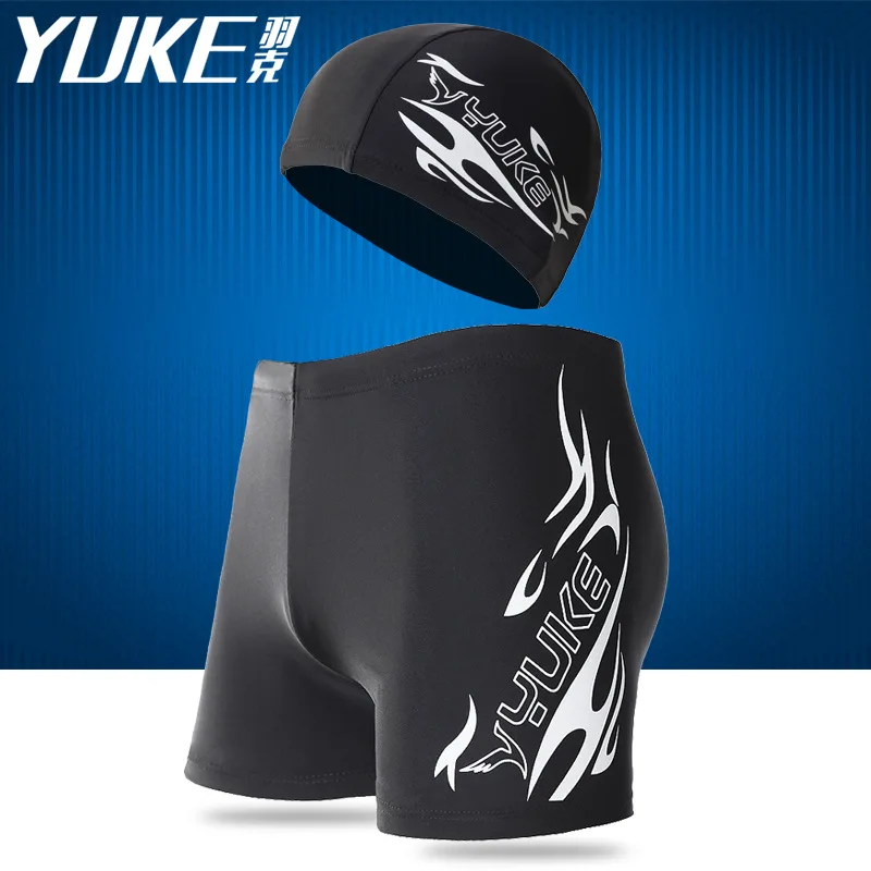 

YUKE 2020 Men Print Cap Swimwear Comfort Adult Dry Quick Swimsuit Swimming Goggles Cap Set Spandex Shorts