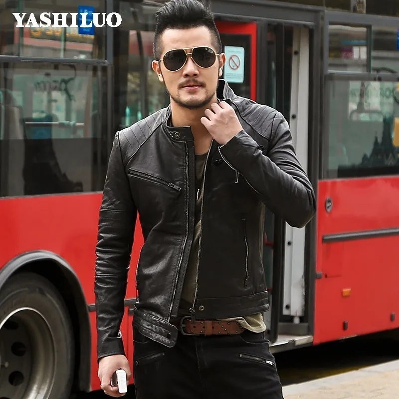 Italië Ontwerp Hoge Kwaliteit Schapenvacht Lederen Mens Punk Jassen Stand Kraag Slim Fit Rock Motorcycle Biker Uitloper Jas