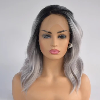 

Hand Tied High Temperature Fiber 1B to Mxied Grey Short Bob Natural Wave Heat Resistant Synthetic Lace Front Wigs for Party