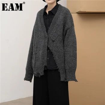 

[EAM] Irregular Burrs Irregular Knitting Cardigan Sweater Loose V-Neck Long Sleeve Women New Fashion Autumn Winter 2020 1DD2179