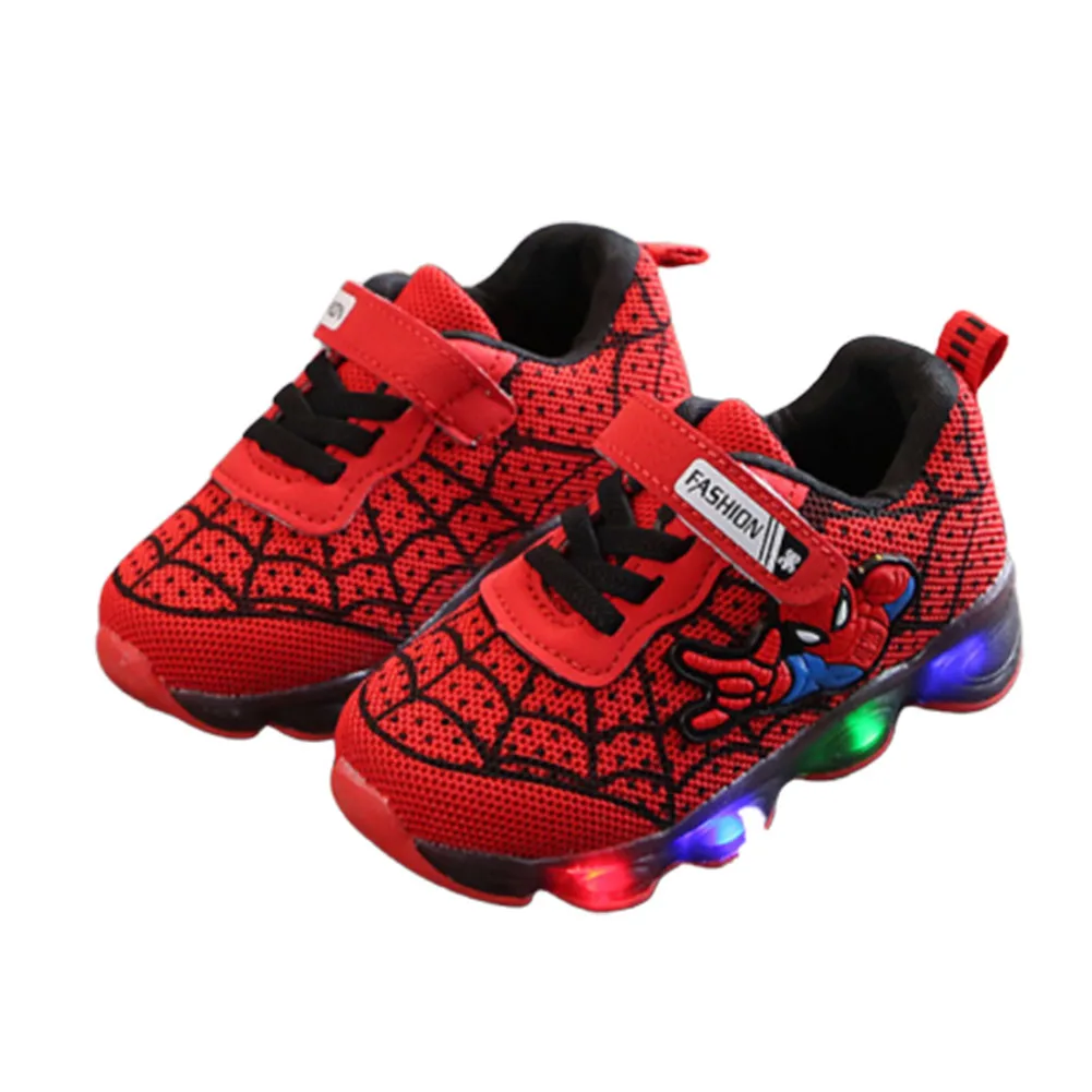 

New Fashion Children Wear Spiderman Shoes with Light Led Shoes Running Sneakers Baby Toddler Girls Anti-slip Shoes