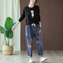 Осенне-зимние женские брюки, женские брюки с мультяшной вышивкой, штаны с эластичной резинкой на талии, Свободные повседневные женские штаны
