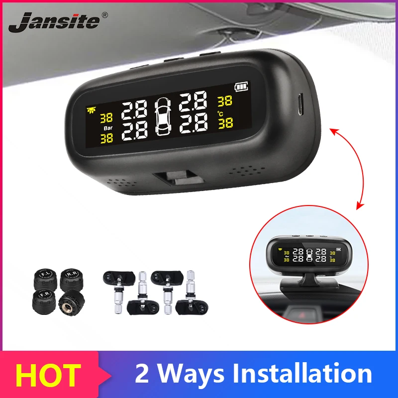 Cheap Jansite Solar TPMS Car Tire Pressure Alarm Monitor System Display Intelligent Temperature Warning with 4 sensors BAR LCD Display