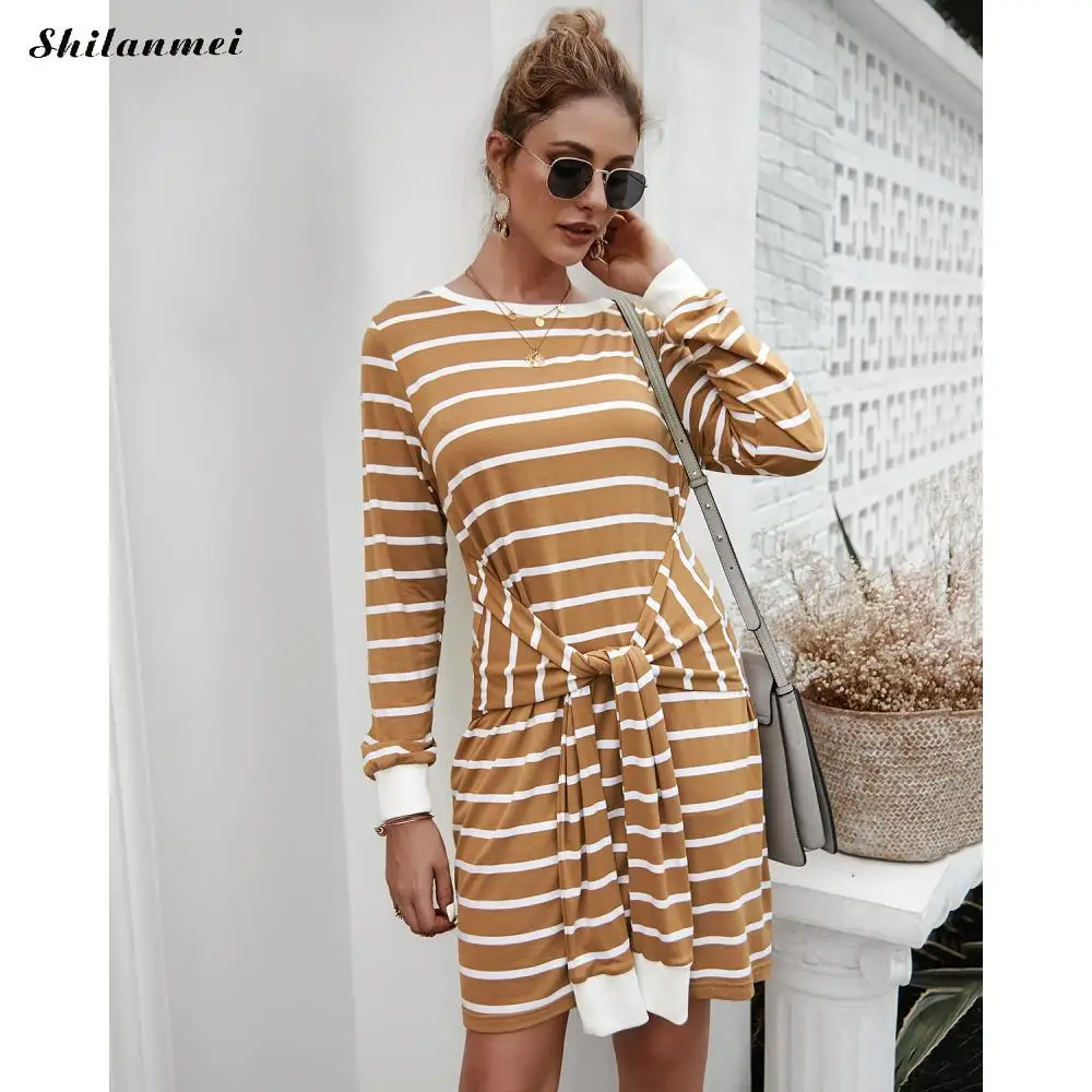 

2021 Knitted Stripe Dress Autumn Winter Causal Dress O Neck Sashes Sexy Robe Fashion Women Long Sleeve Femme Mini Party Dresses