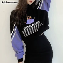

Rainbowwaves Loose Letter Printed Hoodies For Women Fashion Turtleneck Patchwork Streetwear Pullover Black Hoodie Sweatshirts