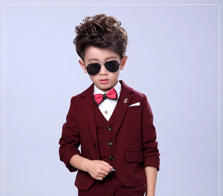 Children Autumn Pure Color Formal Suit Set Flower Boy Wedding Party Performance Costume Costume Kid Blazer Vest Pants Outfits