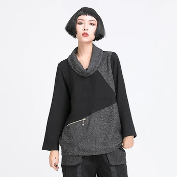 

SuperAen Streetwear New Style Autumn and Winter Solid T-shirt Patchwork Design Zip Full Woman Tshirts