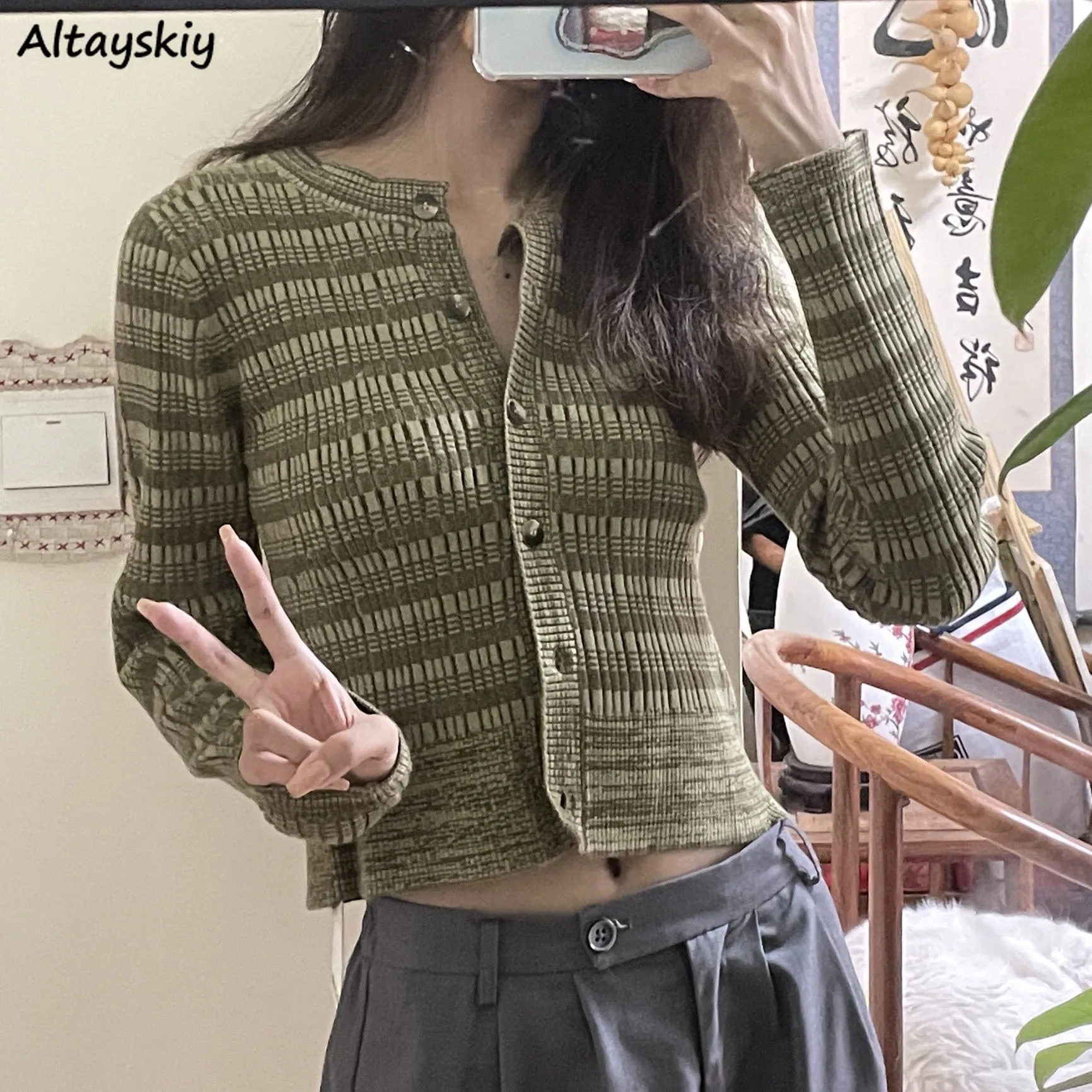 

Облегающий Кардиган с длинным рукавом, женские свитера в полоску, нежная трикотажная верхняя одежда в стиле ретро, укороченные топы, корейские кардиганы для ленивых женщин в стиле ольччан