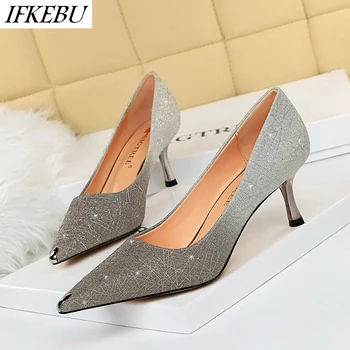 

fashion High Heels Pumps Women glitter bling Pointed Toe Stilettos mixed color Slip on Slides shallow Shoes Zapatos de Mujer