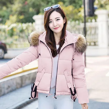 

Casual Warm Woman Short Winter Coats and Jackets Solid Hooded Padded Jacket Short Fur Collar Parkas Mujer 2018