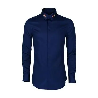 Minglu мужские рубашки Роскошные Bee Ebmroidery воротник с длинным рукавом мужские рубашки Модные приталенные повседневные мужские рубашки плюс размер 4xl - Цвет: NAVY